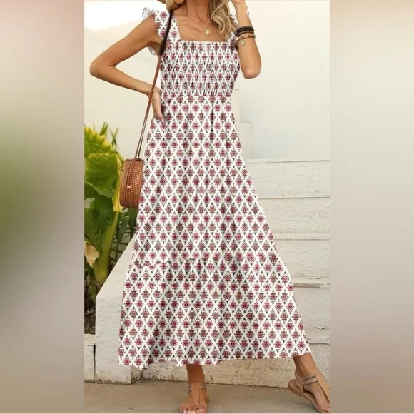 Floral Print Maxi Prairie Vibe Sundress Yoked Ruffled Size L New - Picture 1 of 12